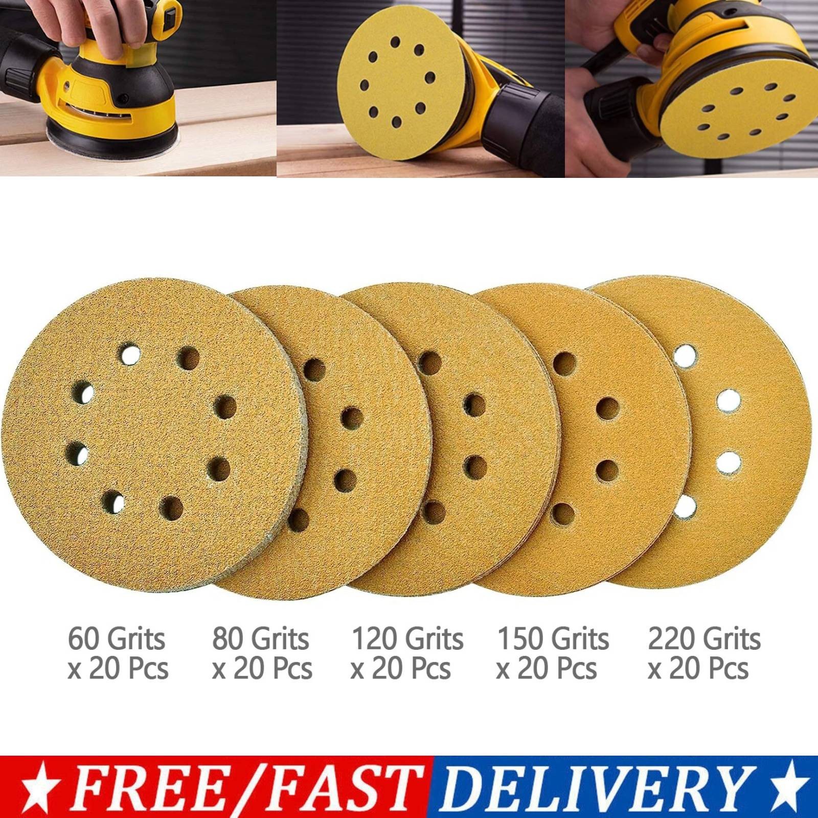 100PC 5 inch Sanding Discs 60-220 Grit 8-Hole Hook Loop Orbital Sander Sandpaper