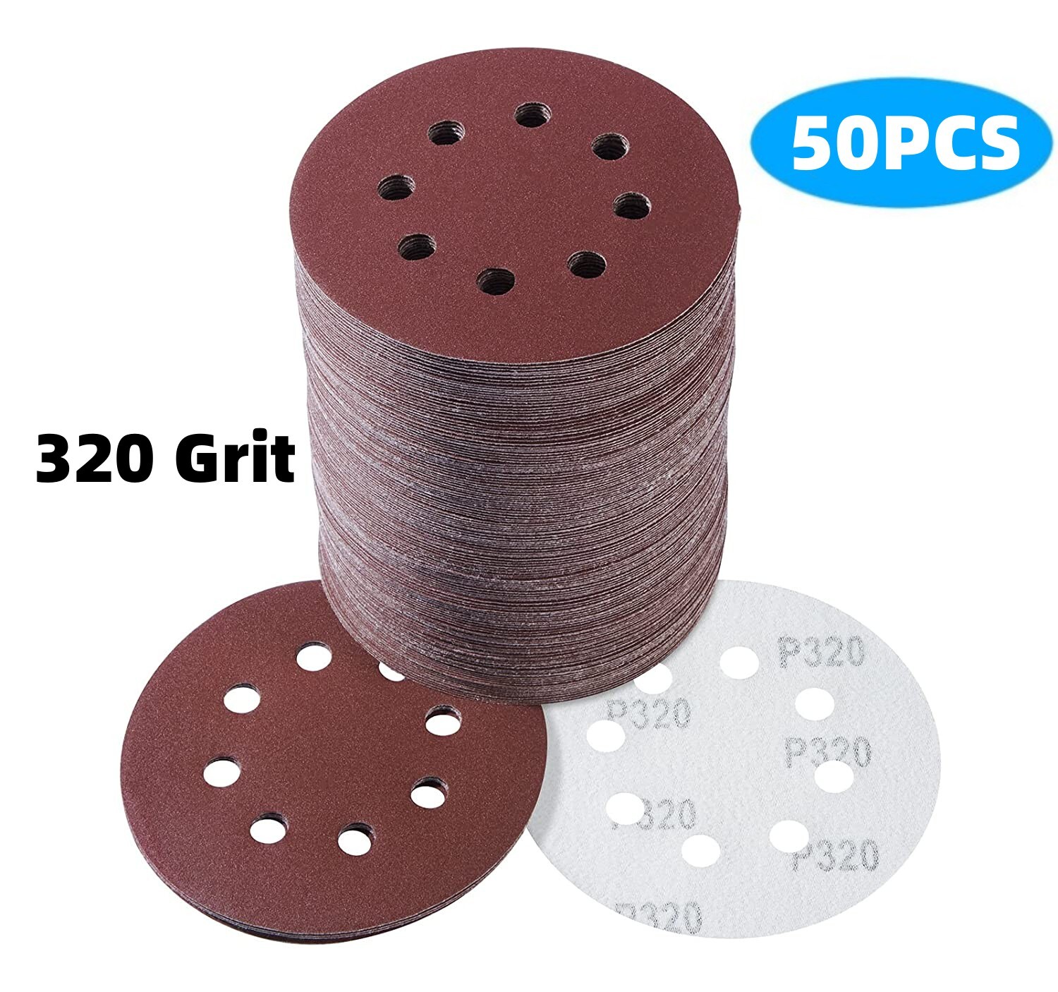 50PCS 5″ 320 Grit Hook and Loop Sanding Discs 8-Hole Orbital Sander Sandpaper