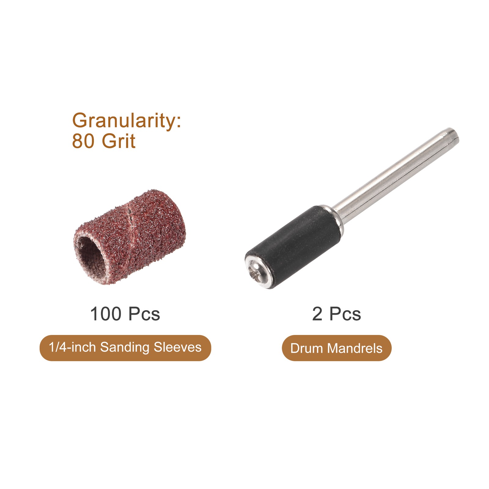 100Pcs 1/4 Inch Sanding Sleeves Set 80 Grit with 2Pcs 1/8 Inch Mandrels