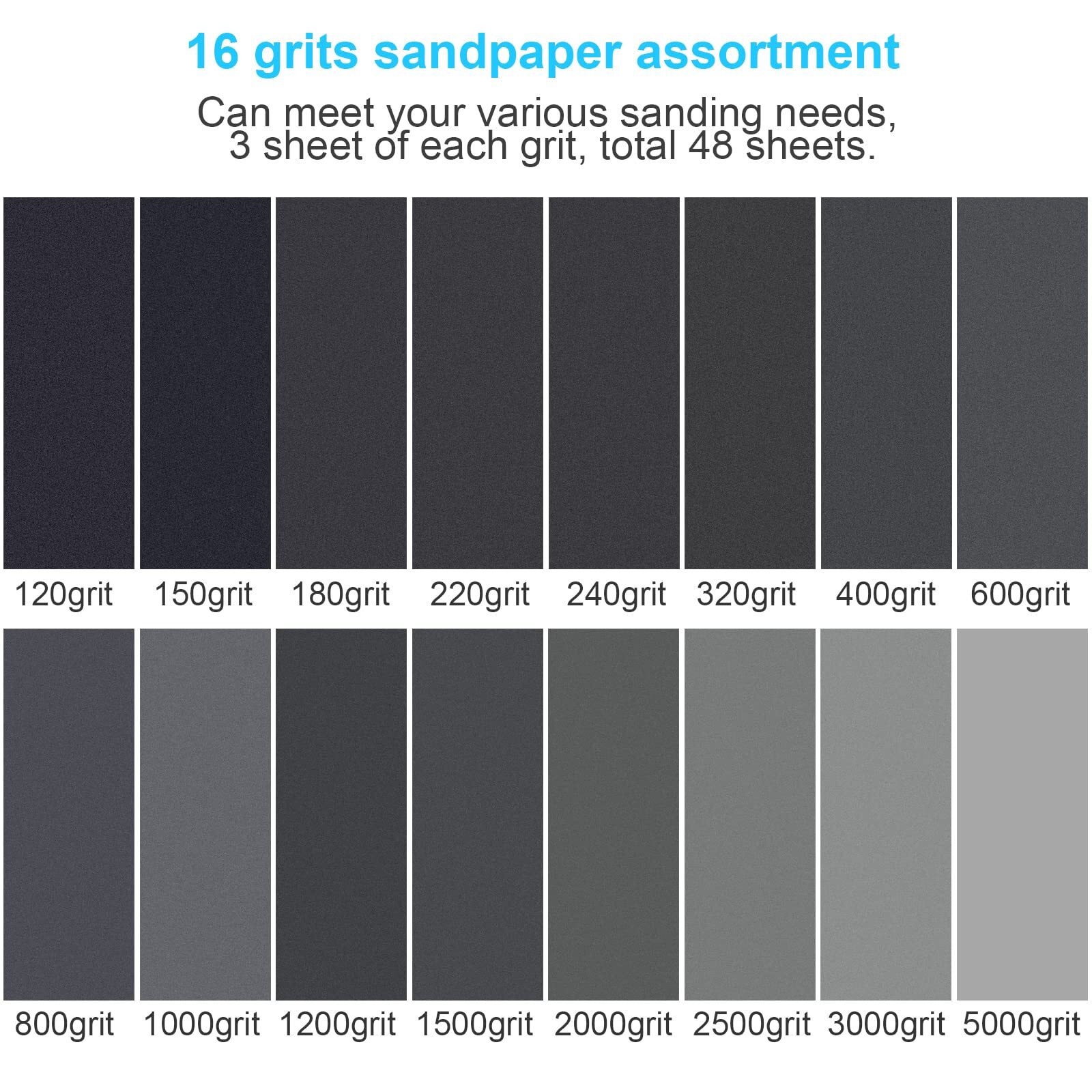 48 Pcs 120 to 5000 Assortment Grit Wet Dry Sandpaper Sheets for Automotive Wood