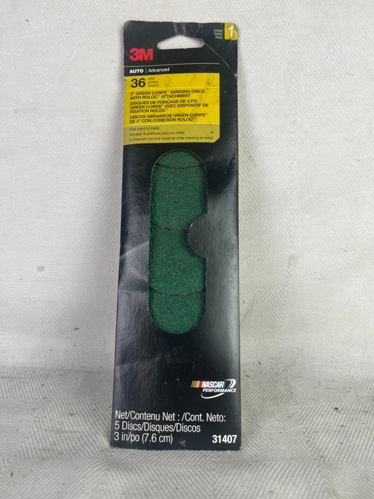 3M 31407 Green Corps 3″ Sanding Disc With Roloc Attachment, 36 Grit, 5 in Pack