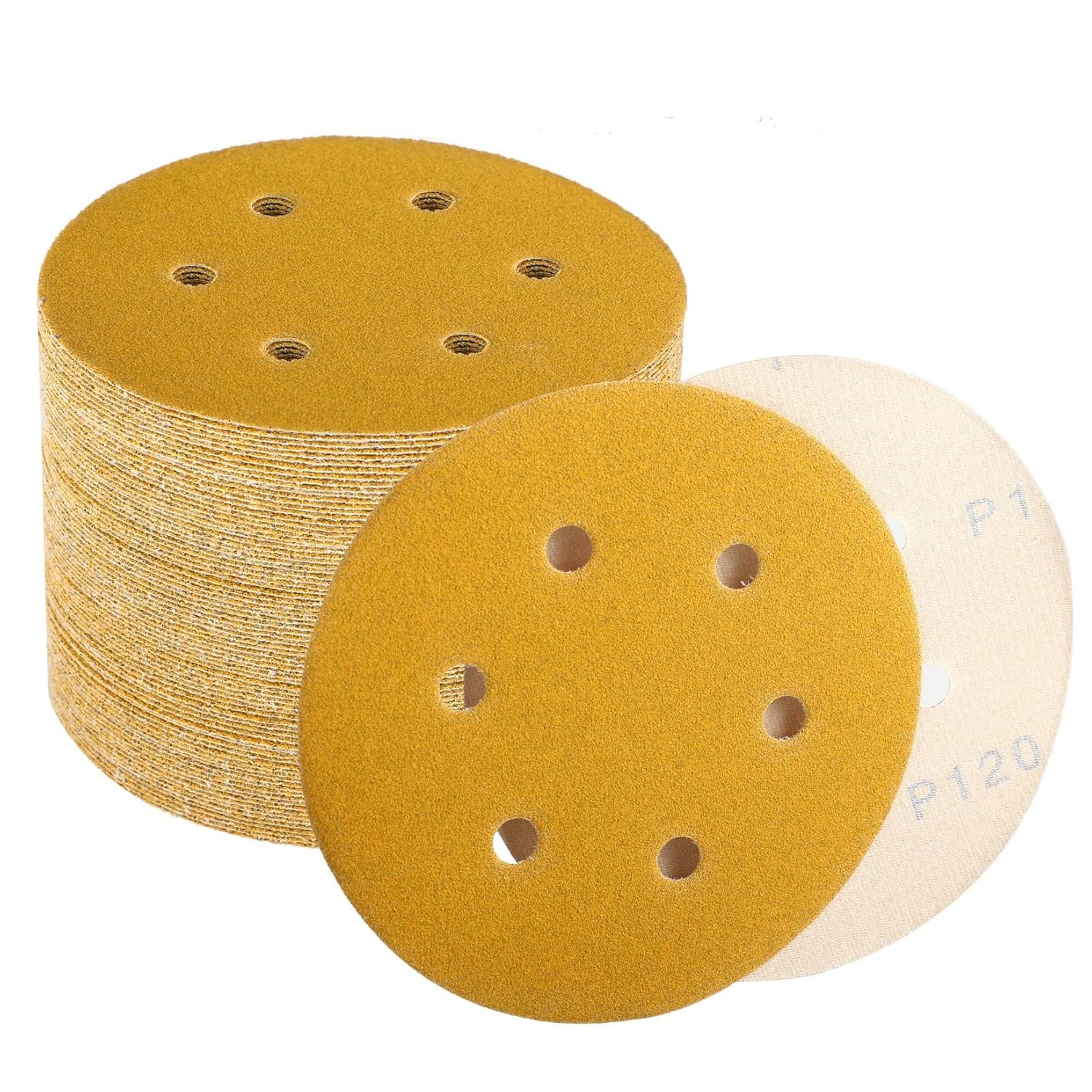 Premium 100PCS 6 in 6-Hole Gold Sanding Discs 120 Grit Hook Loop Sandpaper 150MM