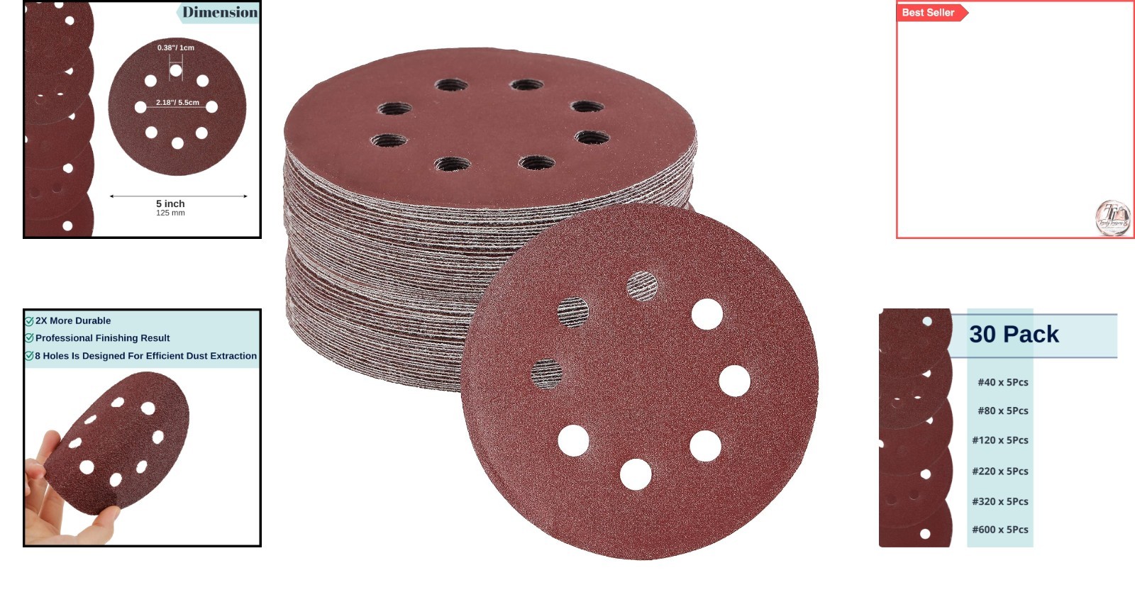Bates 5-Inch Assorted Grits Sanding Discs – 30 Pack for Multi-Material Grindi…