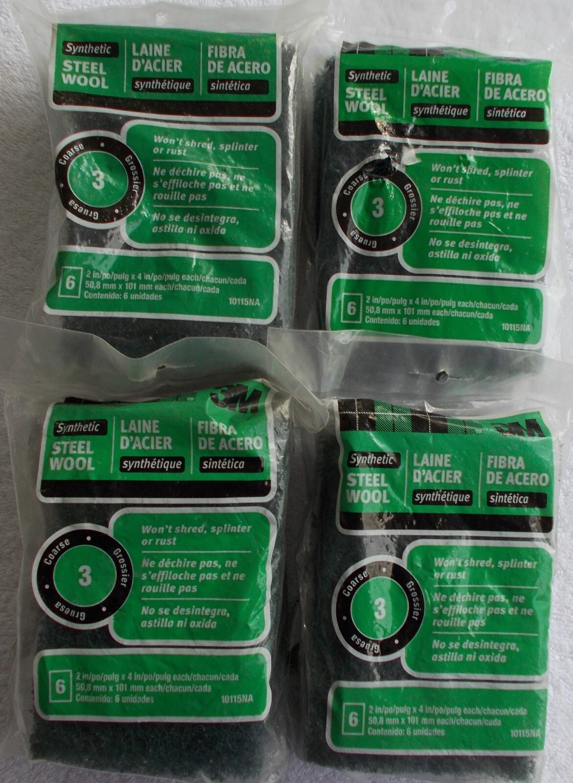 NEW 4 packs 3M Synthetic Steel Wool Pads, 10115NA, #3 Coarse, 2 in x 4 in