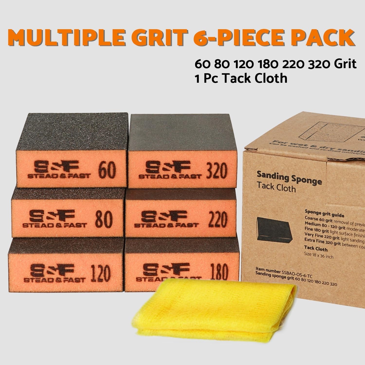 6-Pack Sanding Sponges Set – Versatile Grits 60-320 & Tack Cloth