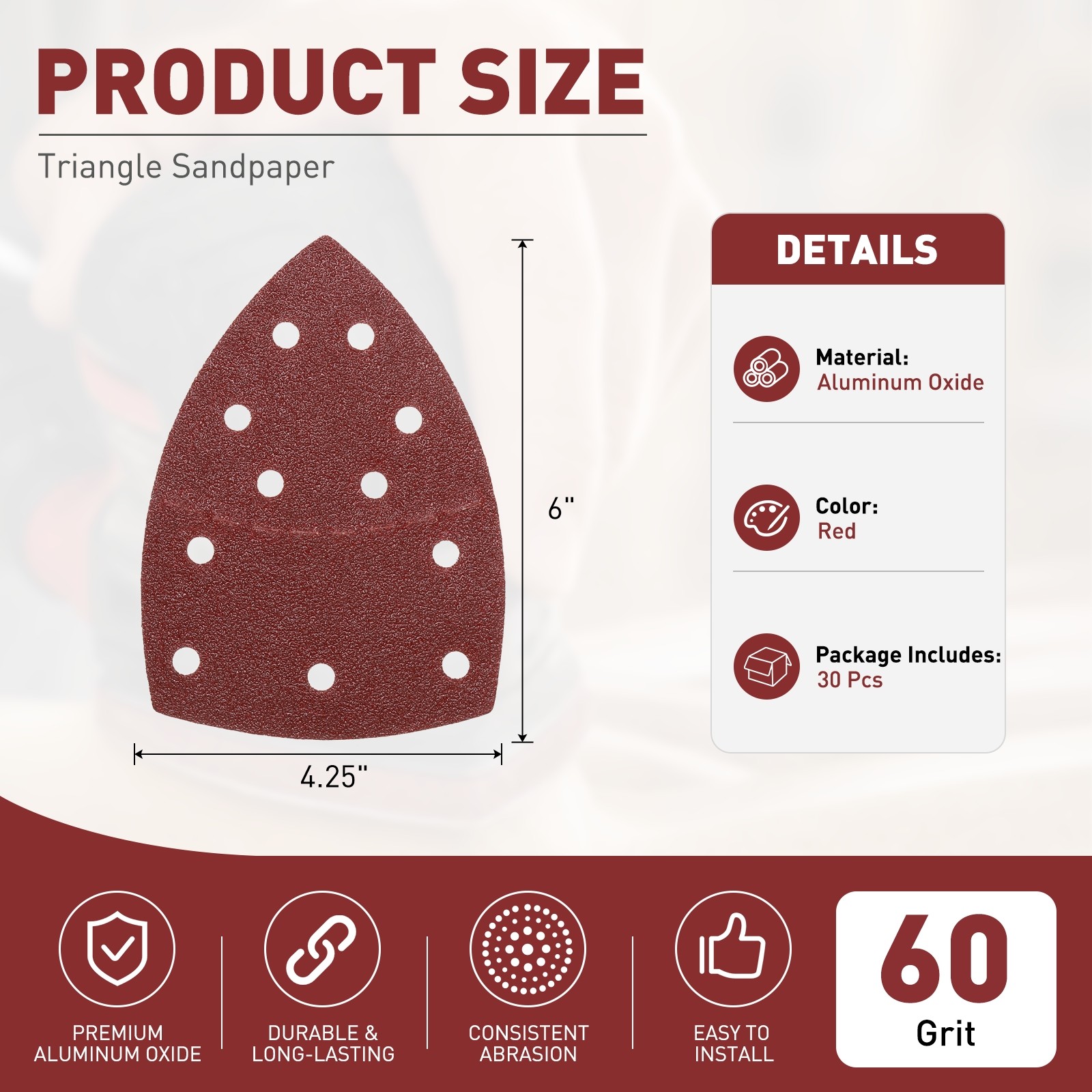 30 Pcs Mouse Detail Sandpaper, 6 x 4.25 Inch, 60 Grit , 11 Holes, Red
