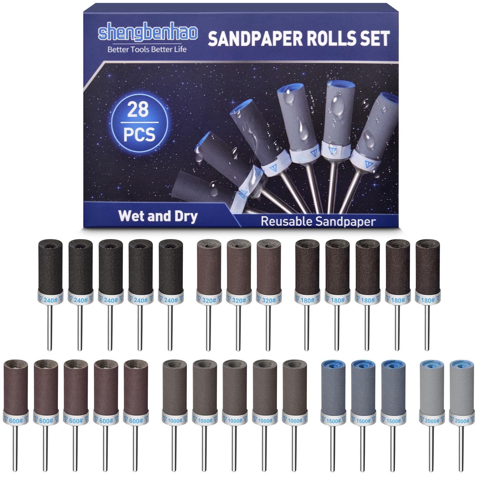 28Pcs Sanding Drums Sandpaper Sticks Set 1/8″ Shank 180-2000 Grits for Dremel