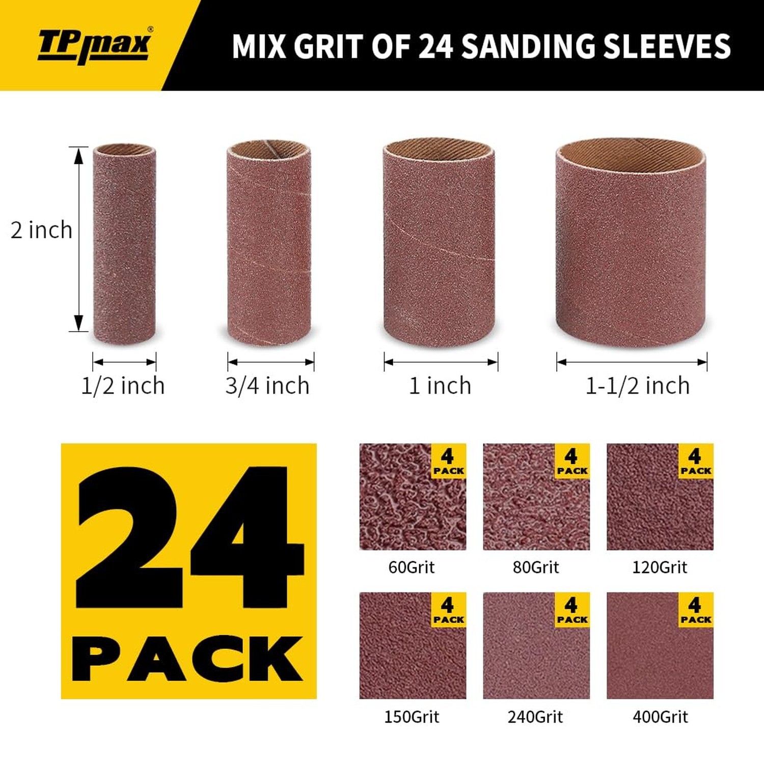 24-Pack Assorted Grit Spindle Sanding Sleeves – 2-Inch Length – Various Diame…