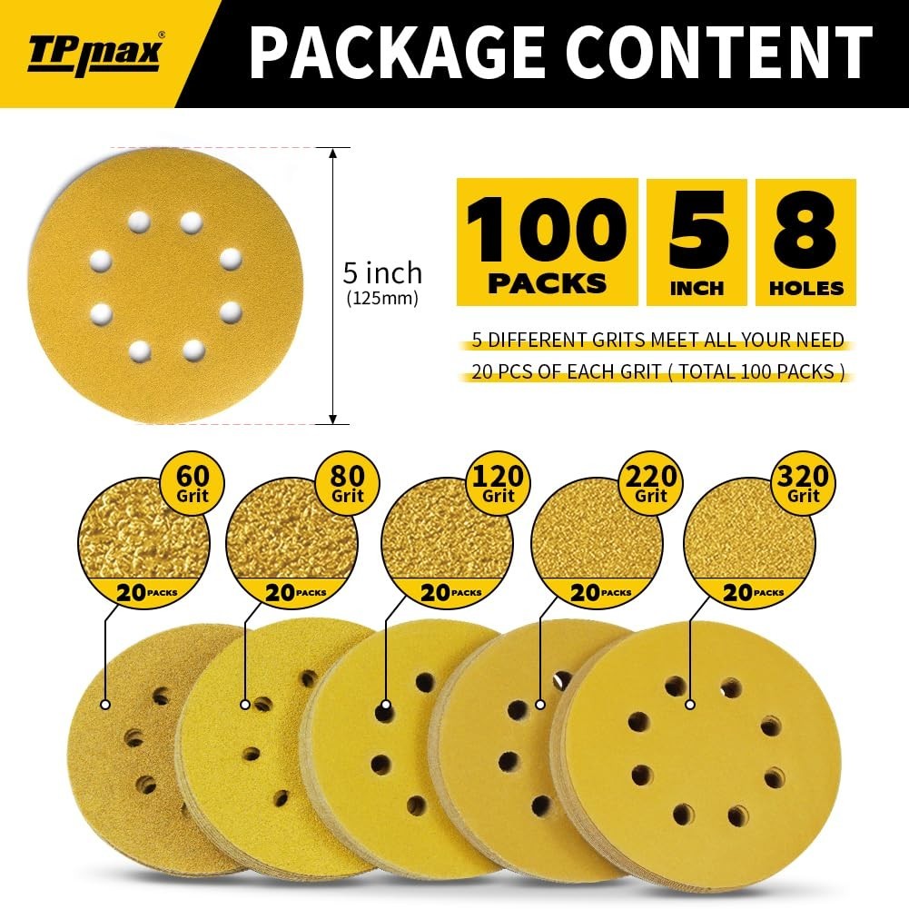 Sanding Discs 5 Inch 125mm Grit Variety Pack 60 80 120 220 320 Hook Loop