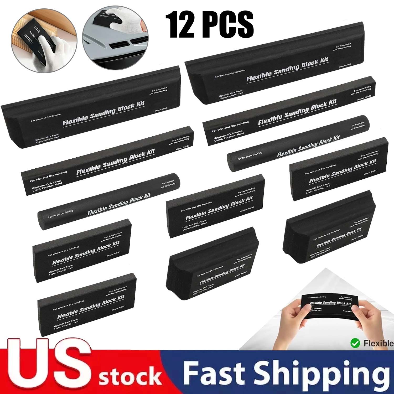 12Pcs Sanding Block Kit Flexible EVA Foam Wet or Dry for Automotive or Woodwork