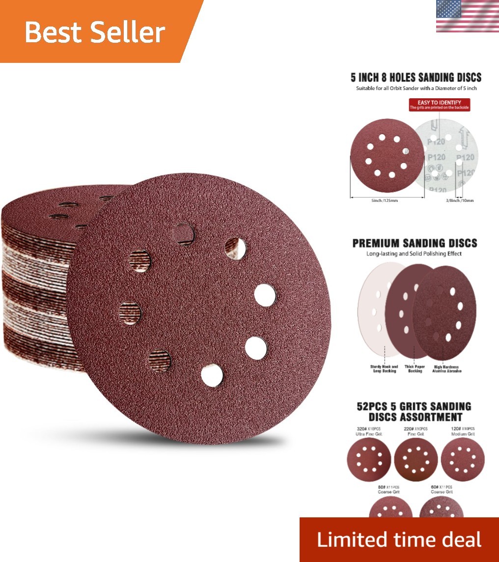 5-Inch 52-Pack Hook and Loop Sanding Discs – Fast & Efficient Grit Choices
