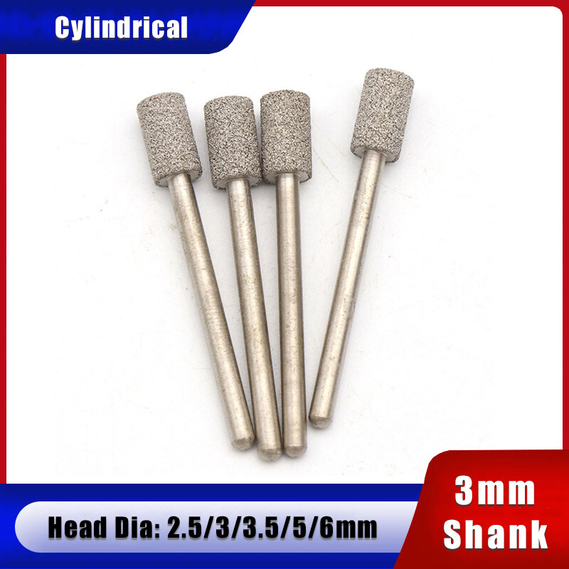 3mm Shank Cylindrical Brazed Diamond Grinding Head Burr Bit Carving Rotary Tool