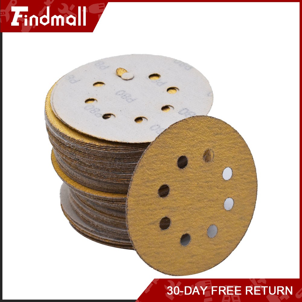 Findmall 100 Pieces 5 Inch 8-Hole 80 Grit Hook and Loop Sanding Discs