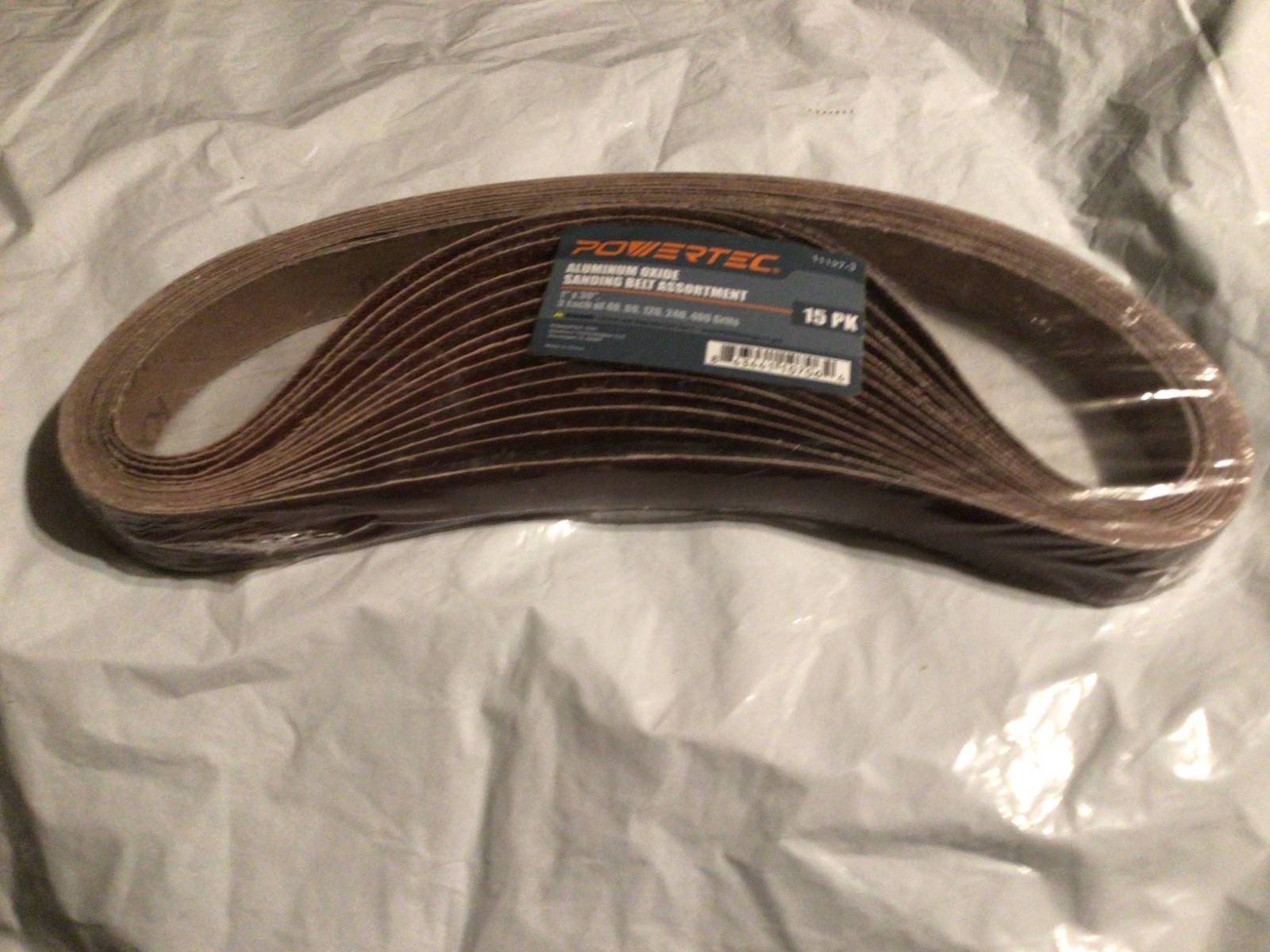 15PK POWERTEC 1 x 30 in Aluminum Oxide Sanding Belt Assortment 3 belt each grits