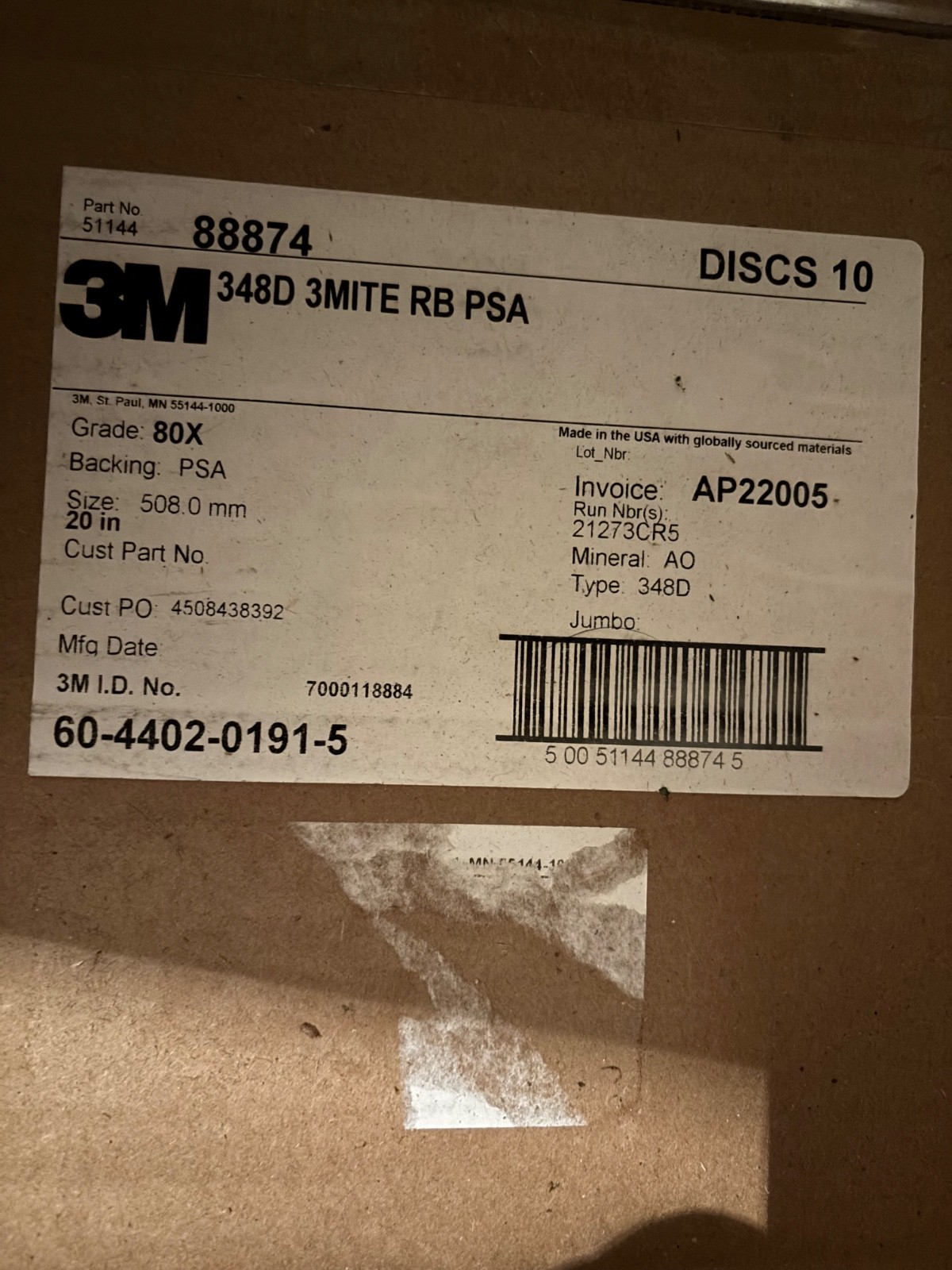 3M 348D PSA Sanding Disc,AlO,Cloth,20in,80G,PK10