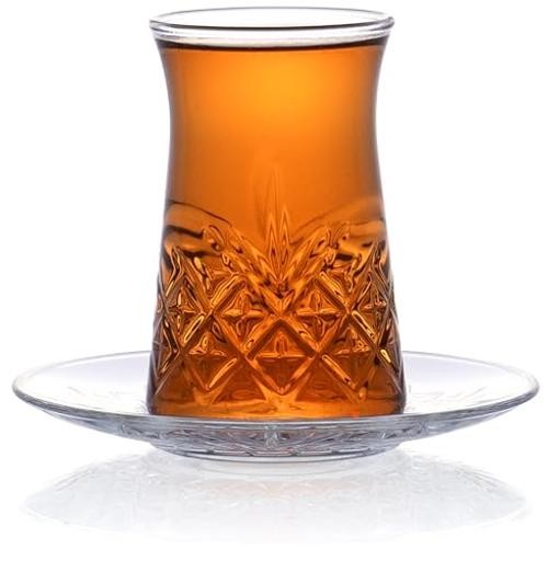Set of 6 Clear Glass 5.5 Fl Oz Cut Glass Tea Cups with Saucers – Clear