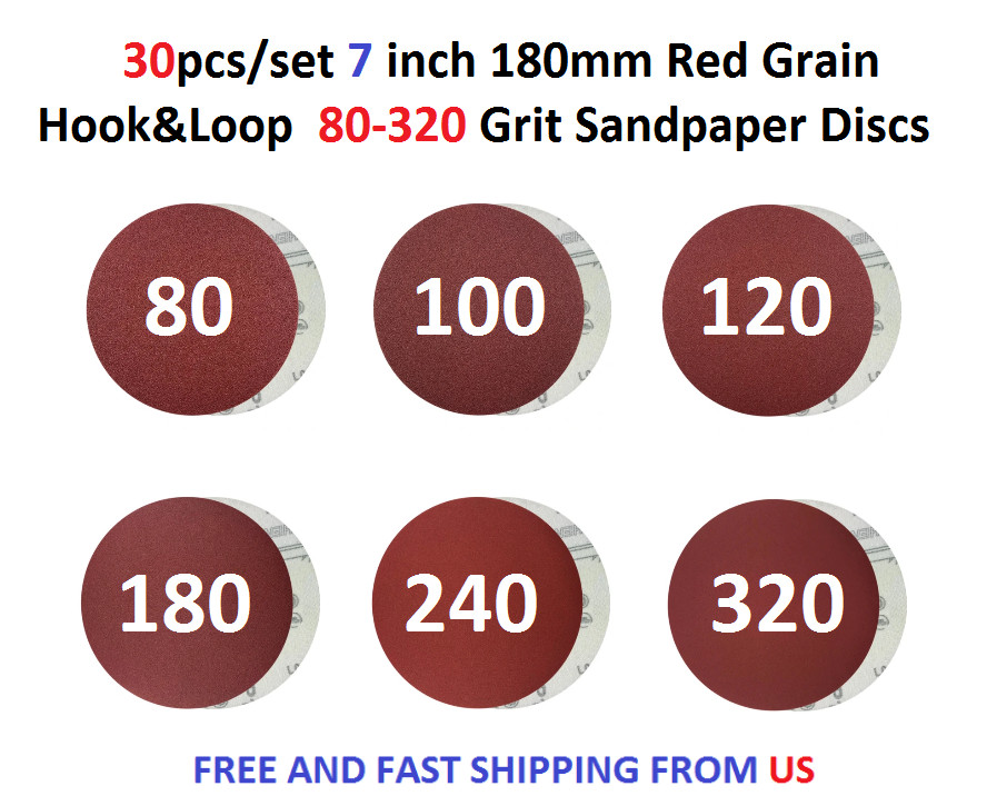 30pcs/set 7inch 180mm Red Grain Hook&Loop 80-320 Grit Sandpaper discs