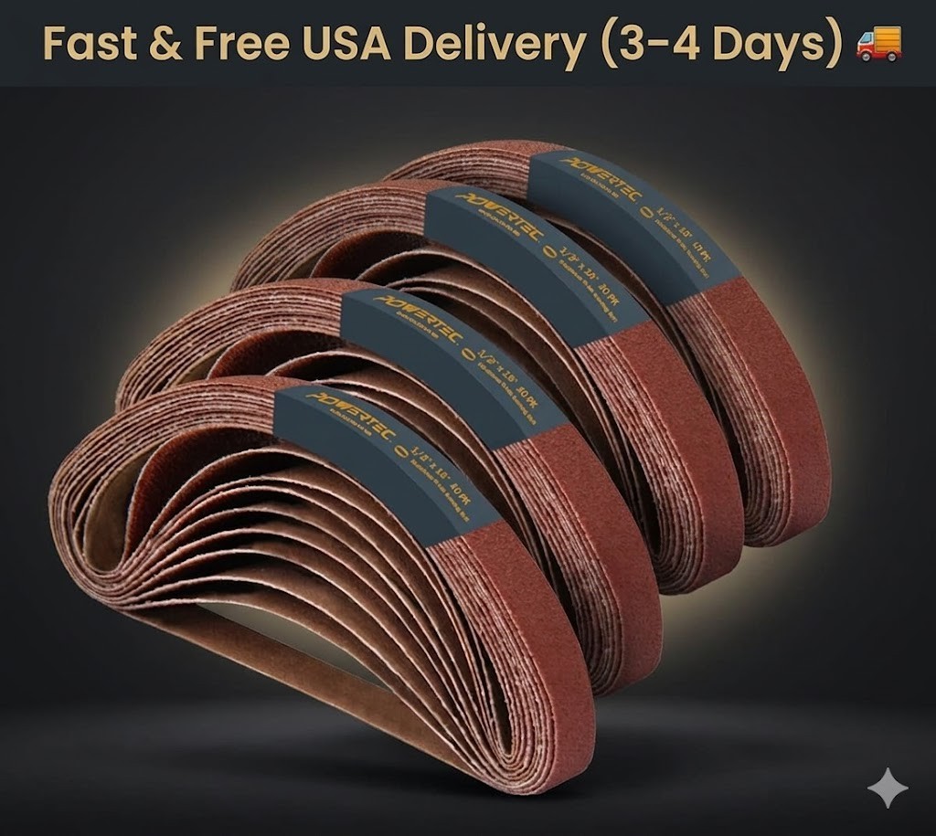 POWERTEC 1/2 x 18 Inch Sanding Belts, 50PK, 10 each of Assorted Sizes
