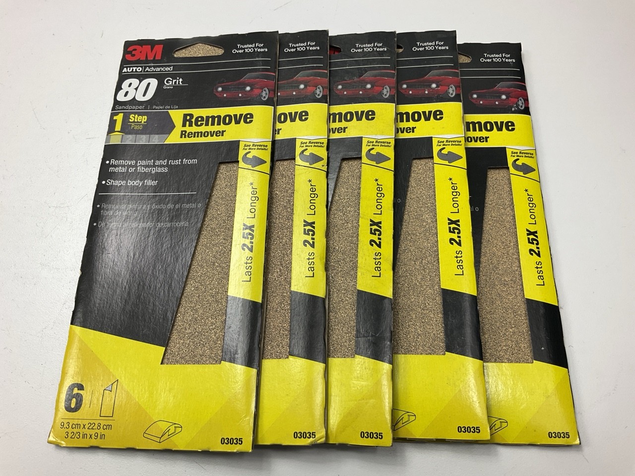 (5) 3M 03035 Sandpaper 3-2/3″ W X 9″ L, 80 Grit, Brown, Dry, 6-sheets / Pack
