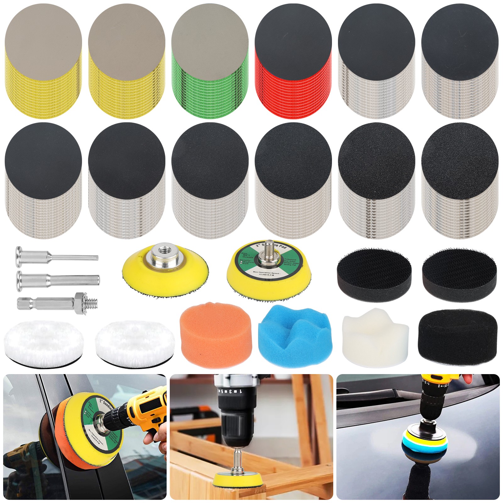 193x 2″ 60-10000 Grit Hook & Loop Sanding Discs + Foam Polishing Pad/Wool Buffer