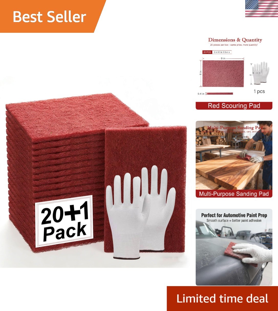 20 Count Extra Fine Abrasive Pads – 6″ x 9″ Red Scuff Pads with Gloves Included