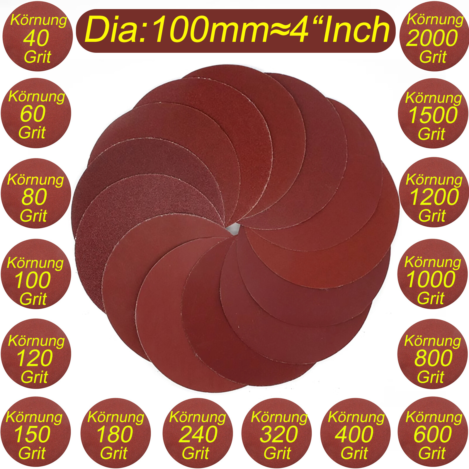 100mm Sanding Discs 4 inch Sander Pads Sandpaper 40 – 2000 grits Hook & Loop/Red