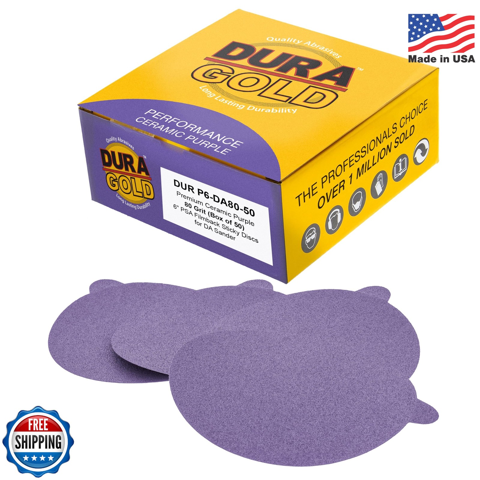 Dura-Gold Premium 80 Grit 6″ PSA Purple Film Ceramic Sanding Discs, Box of 50 –