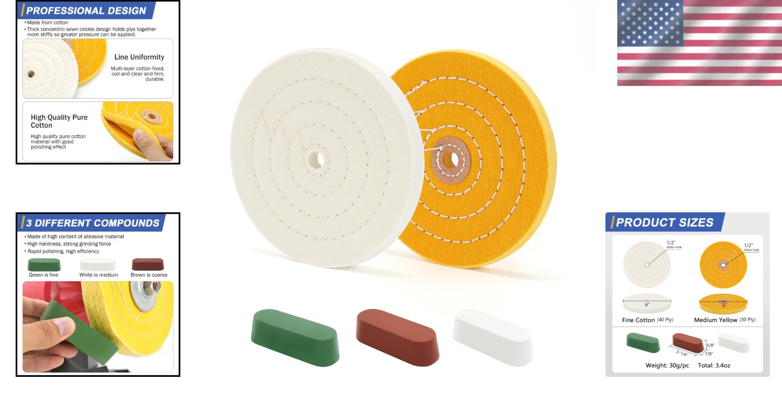 Professional 6″ Buffing Wheels Set w/ Polishing Compound – Mirror Finish