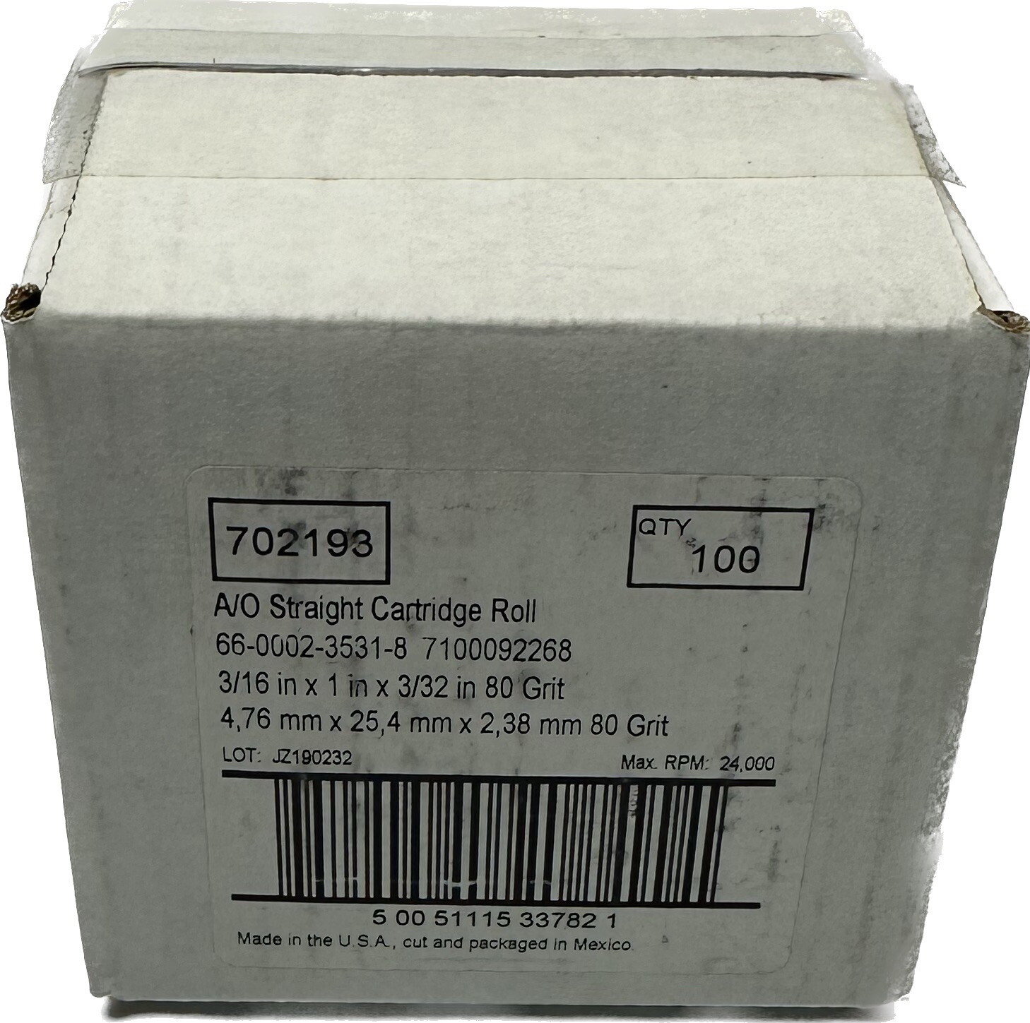 100 Pc Standard Abrasives 3/16″ x 1″ x 3/32″ Grinding Cartridge Rolls A/O 80G