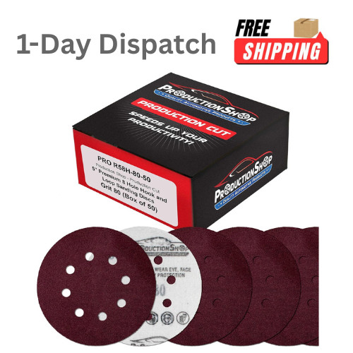 ProductionShop 5 Inch 80 Grit Sanding Discs 8 Hole 50 Pack Hook and Loop