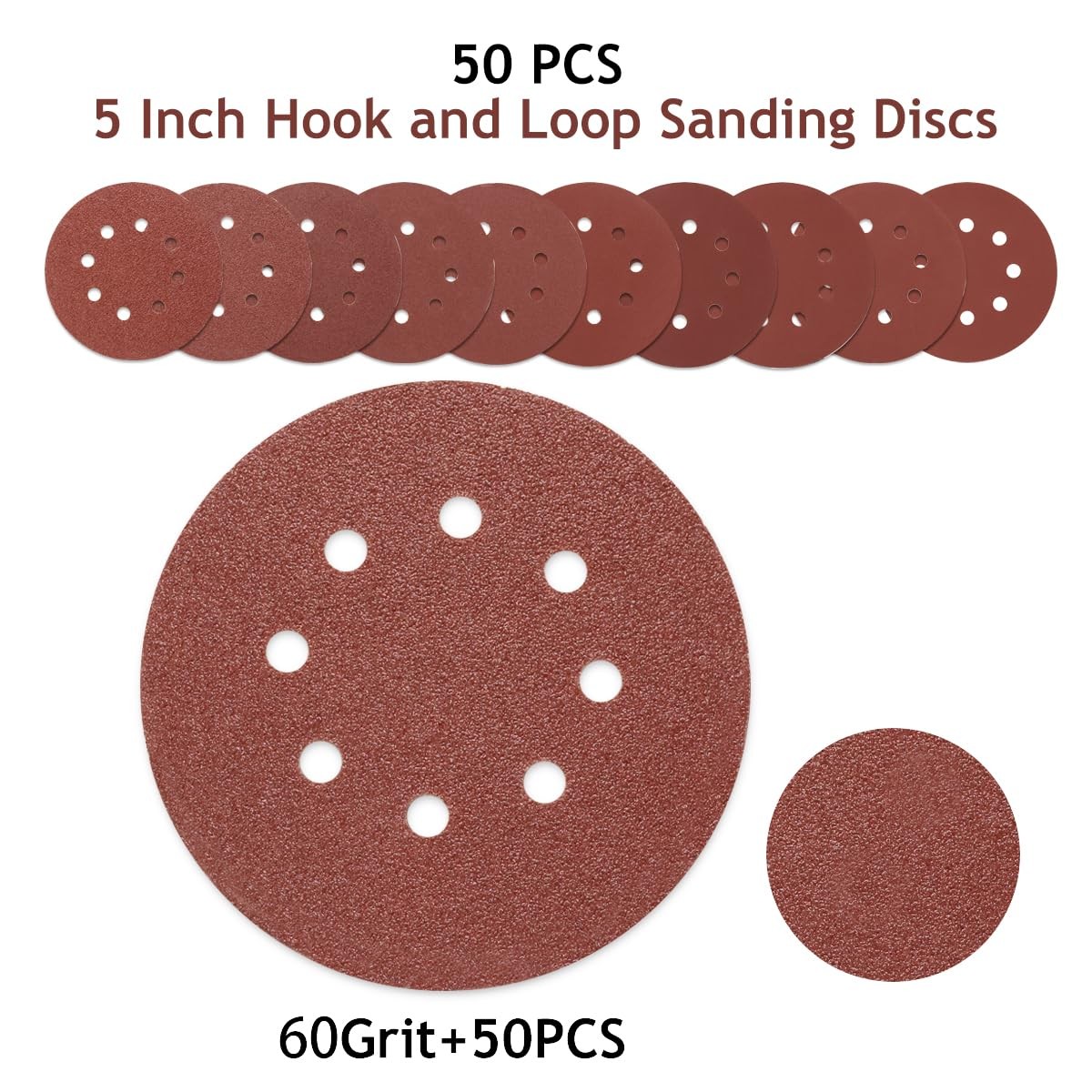 60 Grit Round Sanding Discs Hook and Loop 50 PCS 5 Inch 8 Hole Sand Paper