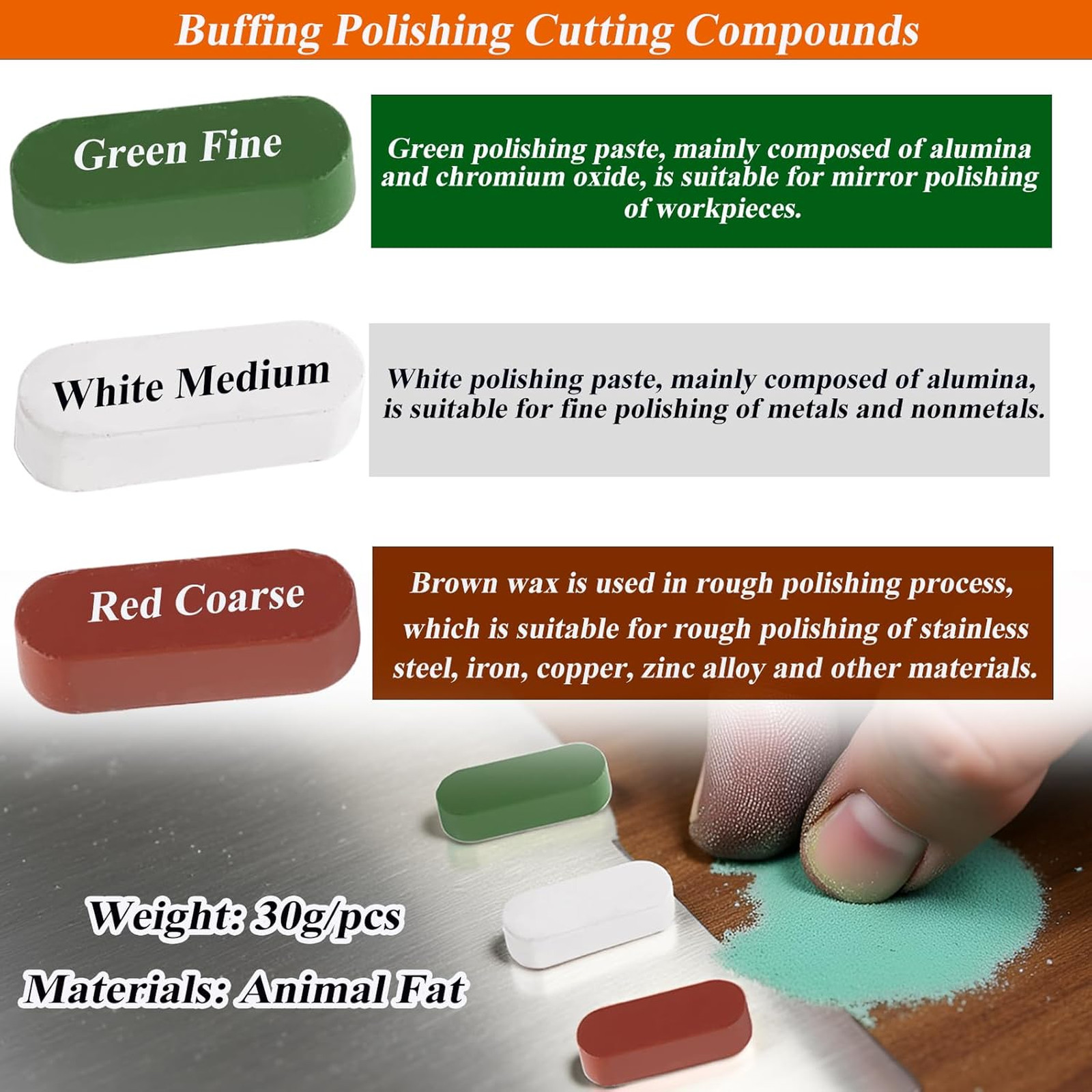 Metal Buffing Polishing Compound Kit, White Diamond Red Rouge Green, 4 Oz