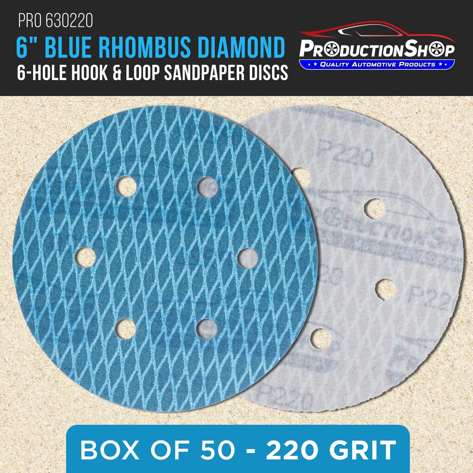 220 Grit 6″ Diamond Shape Sanding Discs, 6-Hole, Box of 50 Hook & Loop Sandpaper