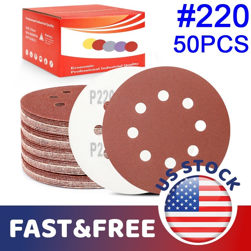 50x 5inch Sanding Discs 220 Grit Hook Loop 8-Hole Orbital Sander Paper DIY Acces