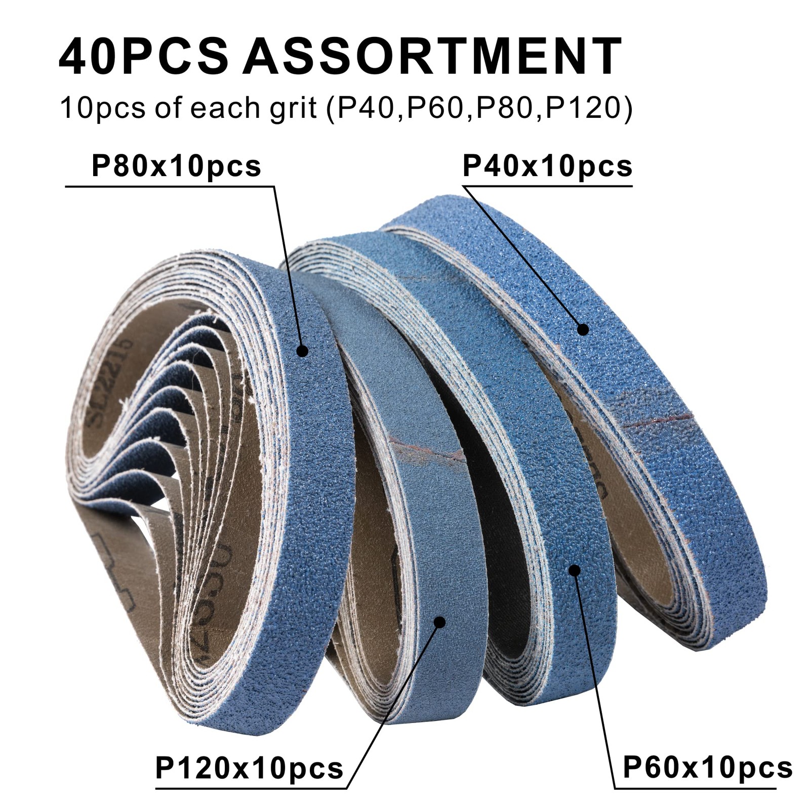 Zirconia Sanding Belts 40 Pack 20x520mm 40/60/80/120 Grits 3/4″x20-1/2″
