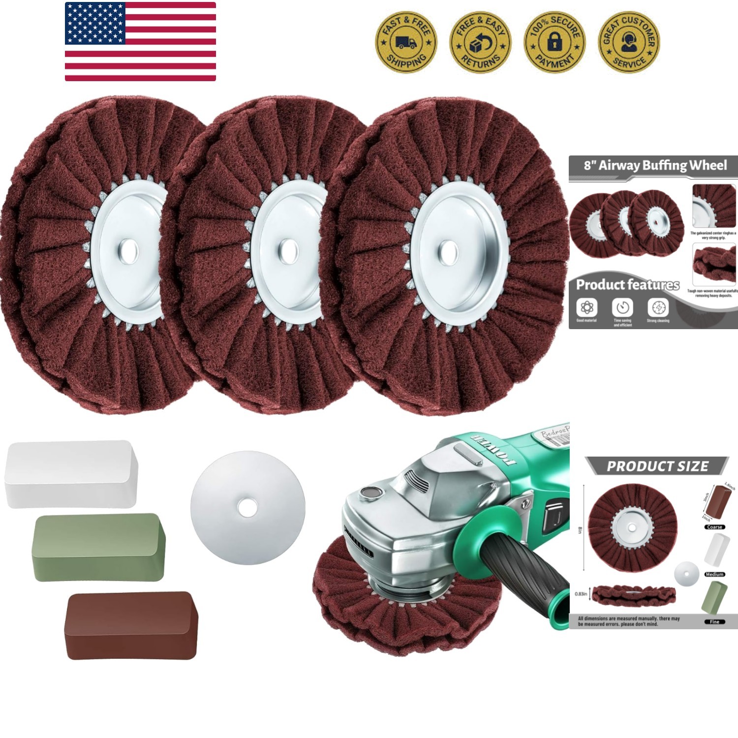 7 Pcs 8″ Airway Buffing Wheel Kit in Diameter 5/8″ in Arbor Hole, Aluminum Me…