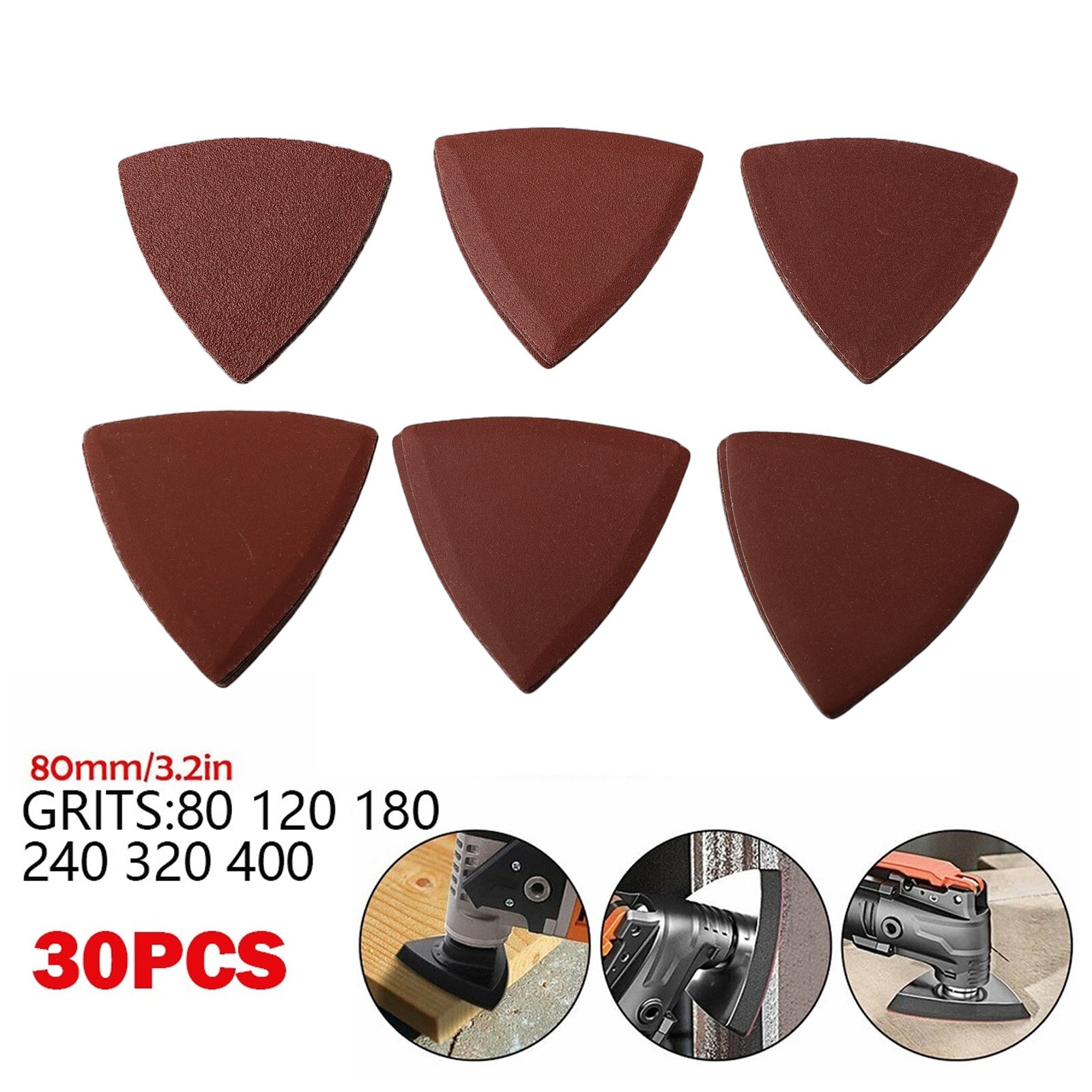 30pcs Abrasive Tool Triangle Sandpaper Sanding Disc 120 180 3-1/8 Inch