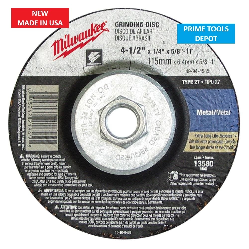Milwaukee 4-1/2” x 1/4” x 5/8- 11” Grinding Wheel (Type 27) 49-94-4585 USA