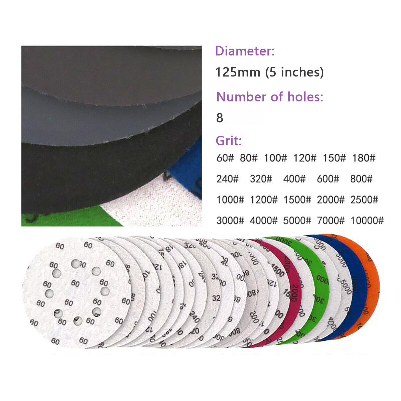 Wet Dry Sanding Discs 8 Hole Sandpaper Hook and Loop Pads Grit 60-10000 125mm