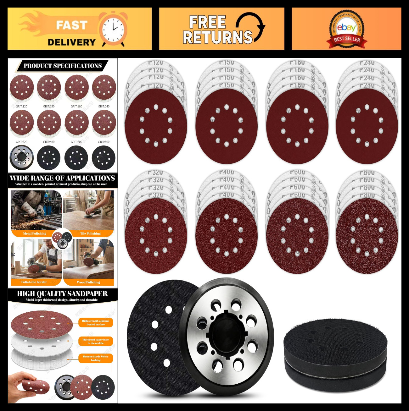 5″ 8-Hole Sander Pad, Orbital Replacement for DeWalt, Includes 40 Discs & 3 Foam