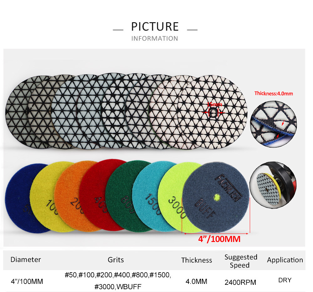 7pcs 4″ / 100mm Diamond Concrete Floor Dry Polishing Pads Sanding Grinding Discs