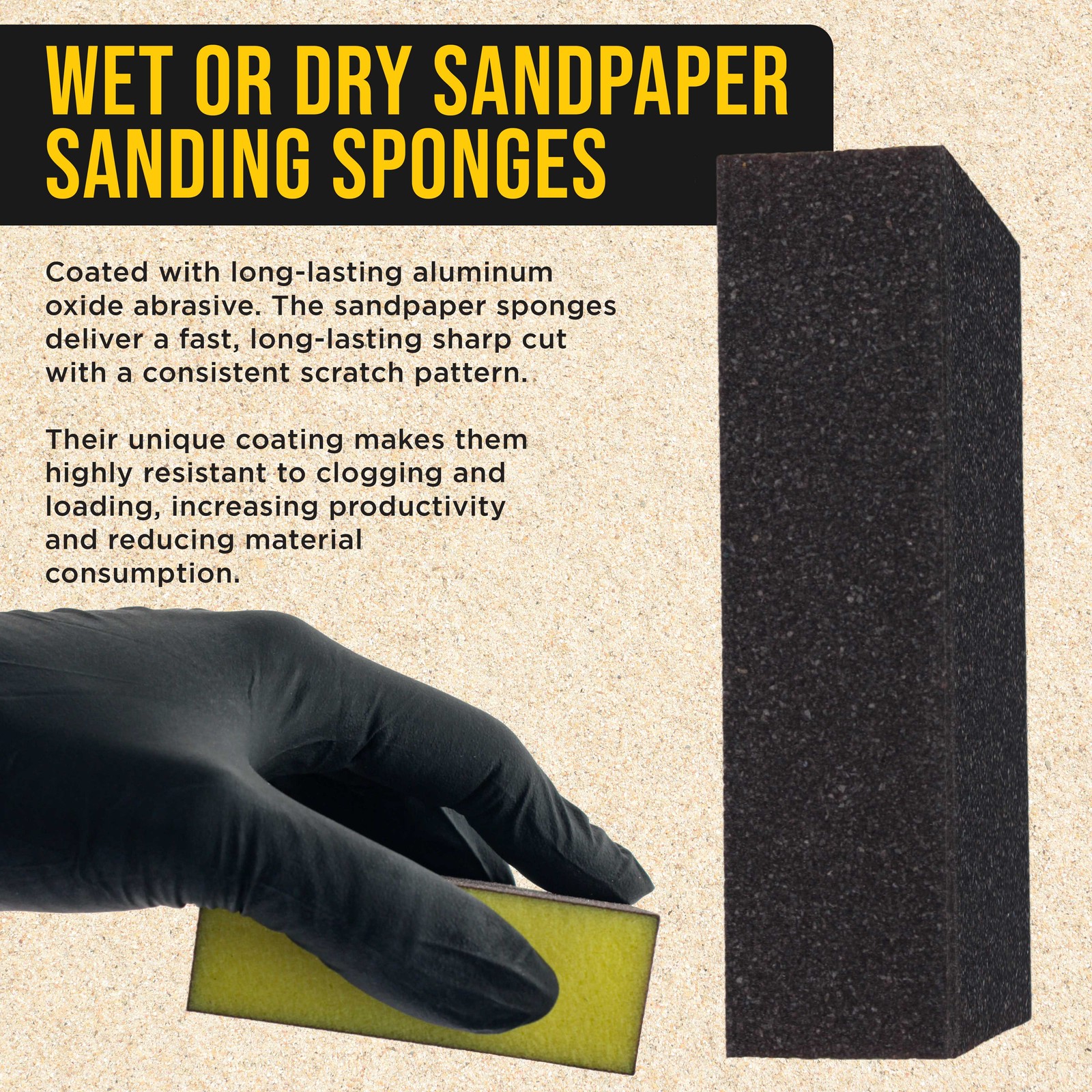 60 Grit 4-Sided Hand Sanding Block Sponges, 6/Box – 3.9″ x 2.75″ x 1″ Wet or Dry