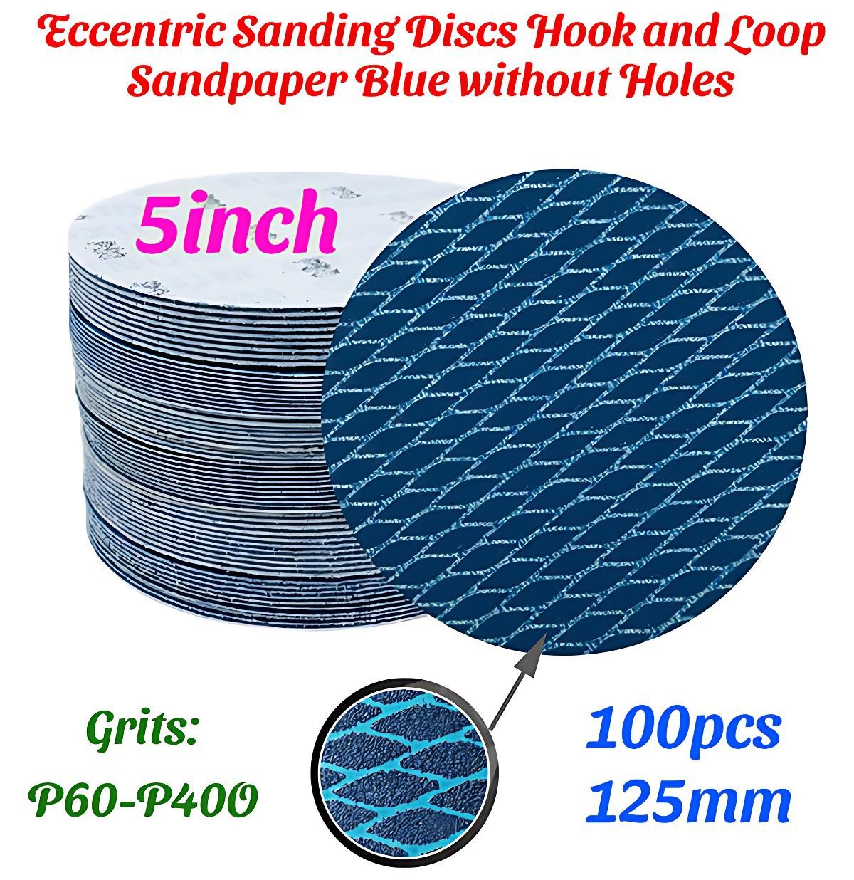 100pcs 125mm Eccentric Sanding Discs Hook and Loop Sandpaper Blue without Holes