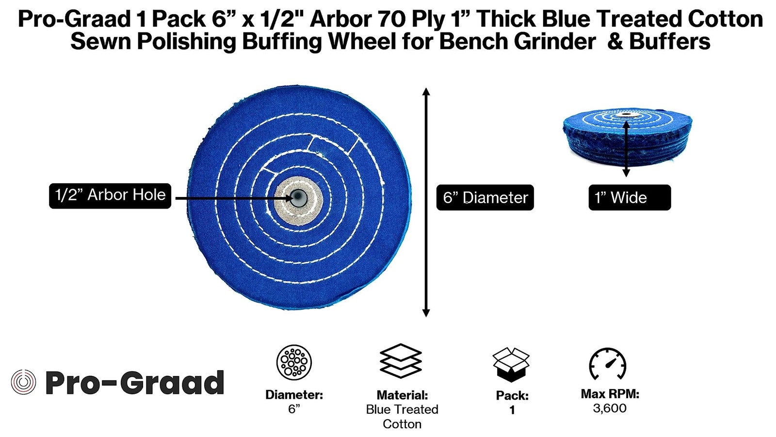 Pro-Graad 1 Pack Extra Thick Buffing Polishing Wheel 6 inch Blue Treated…