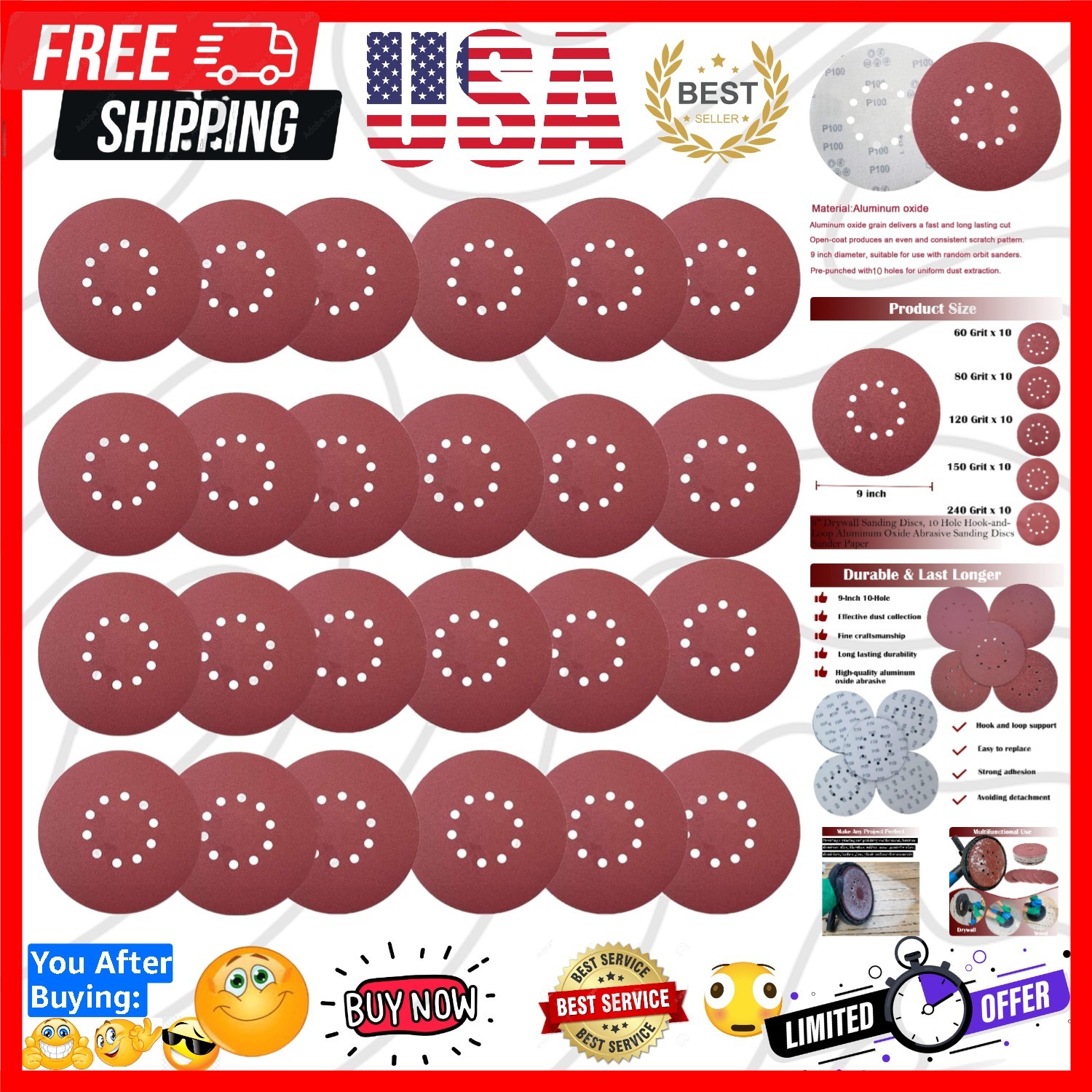 50 PCS 9-Inch 10-Hole Hook-and-Loop Sanding Discs for Drywall Sander -10 Pack…