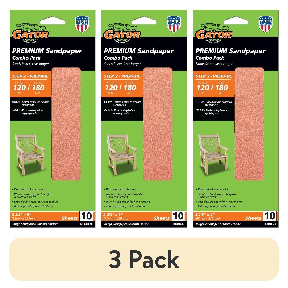 (3 pack) 506630 3-2/3 in x 9 in 120/180 Grit Premium Sandpaper Combo Pack, 10