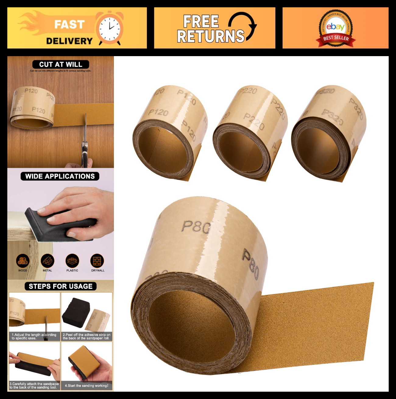 20 Yards PSA Longboard Sandpaper Roll – 80/120/220/320 Grit, 2.75″ Wide, Self-Ad