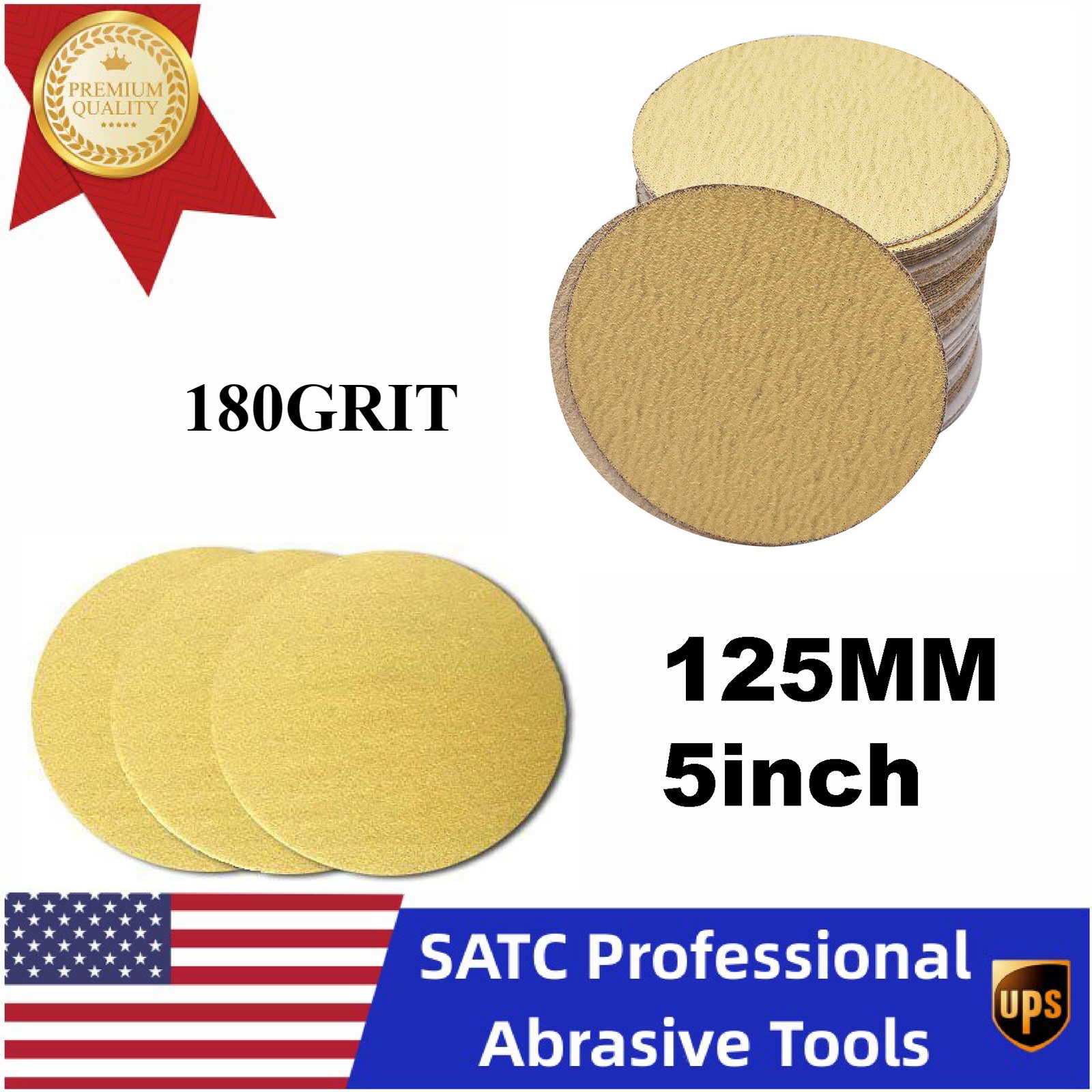 50PCS 125mm 5 In Gold sandpaper No Hole Hook & Loop Grip Sanding Discs 180 Grit