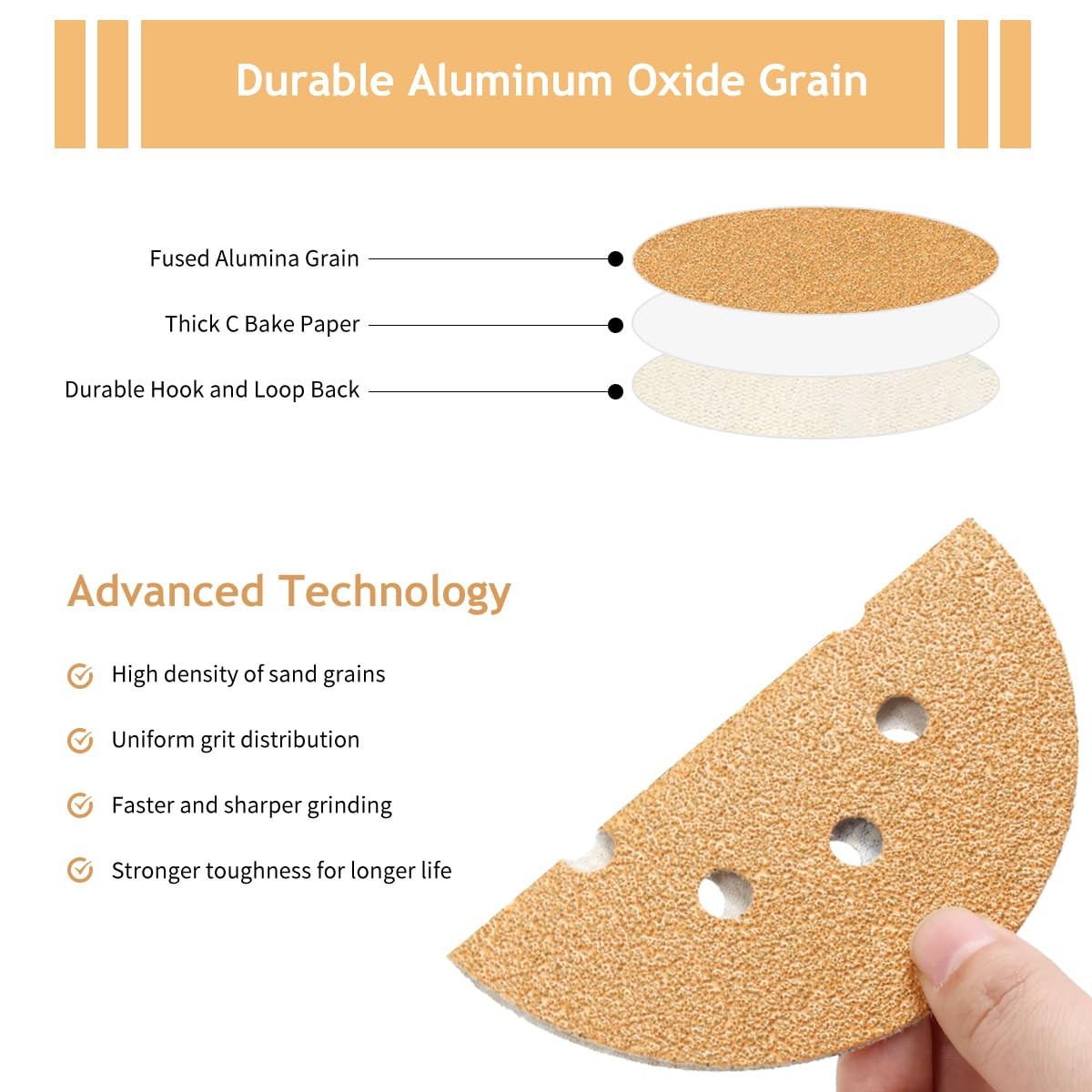 50 PCS 40 Grit 5 Inch 8 Hole Sanding Discs, Hook and Loop Gold Sandpaper Pads fo