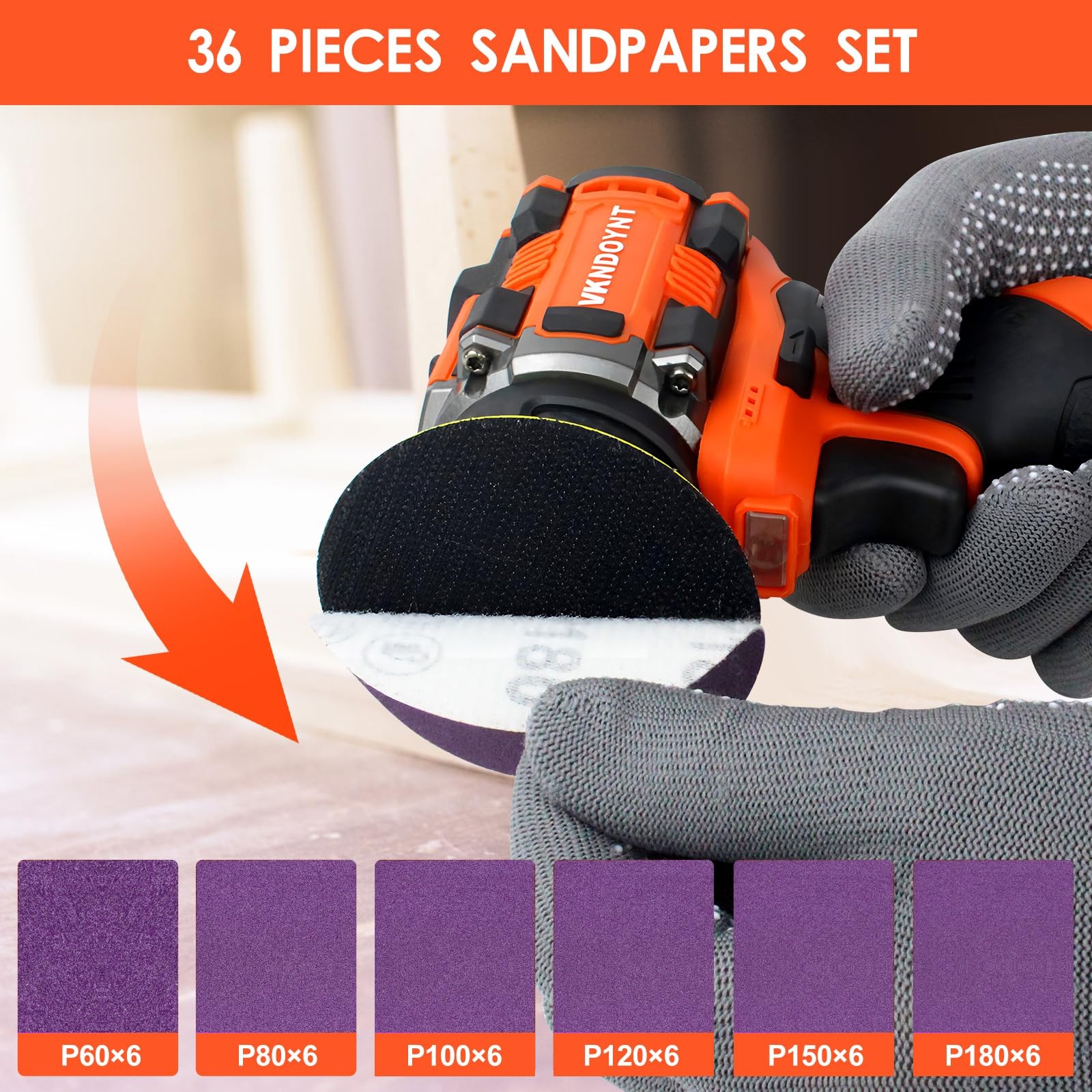 Brushless Small Sander with 36PCS 2 x 3.0Ah Batteries, Orange/Black